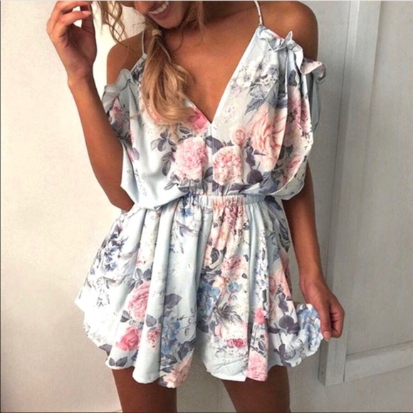 Floral Ruffled Light Blue Pastel Romper - Picture 1 of 3